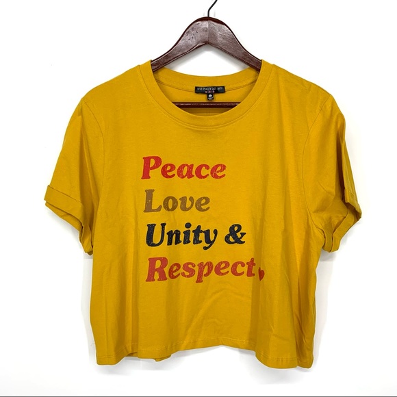 Peace Love Unity & Respect Mustard Yellow Hippie Cropped Tee New Nwt Size Large - Picture 2 of 11
